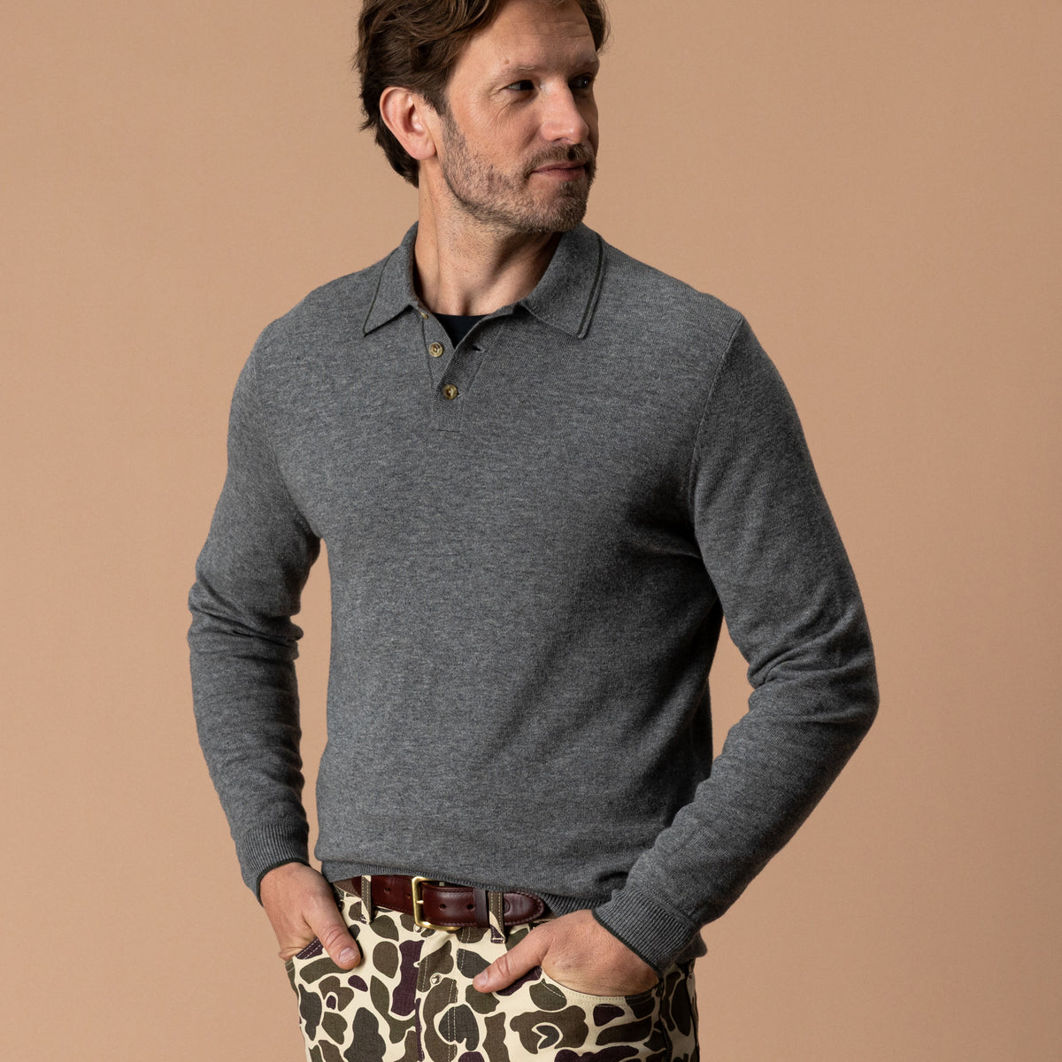 Jonas Merino Polo Sweater - Fossil Gray Heather