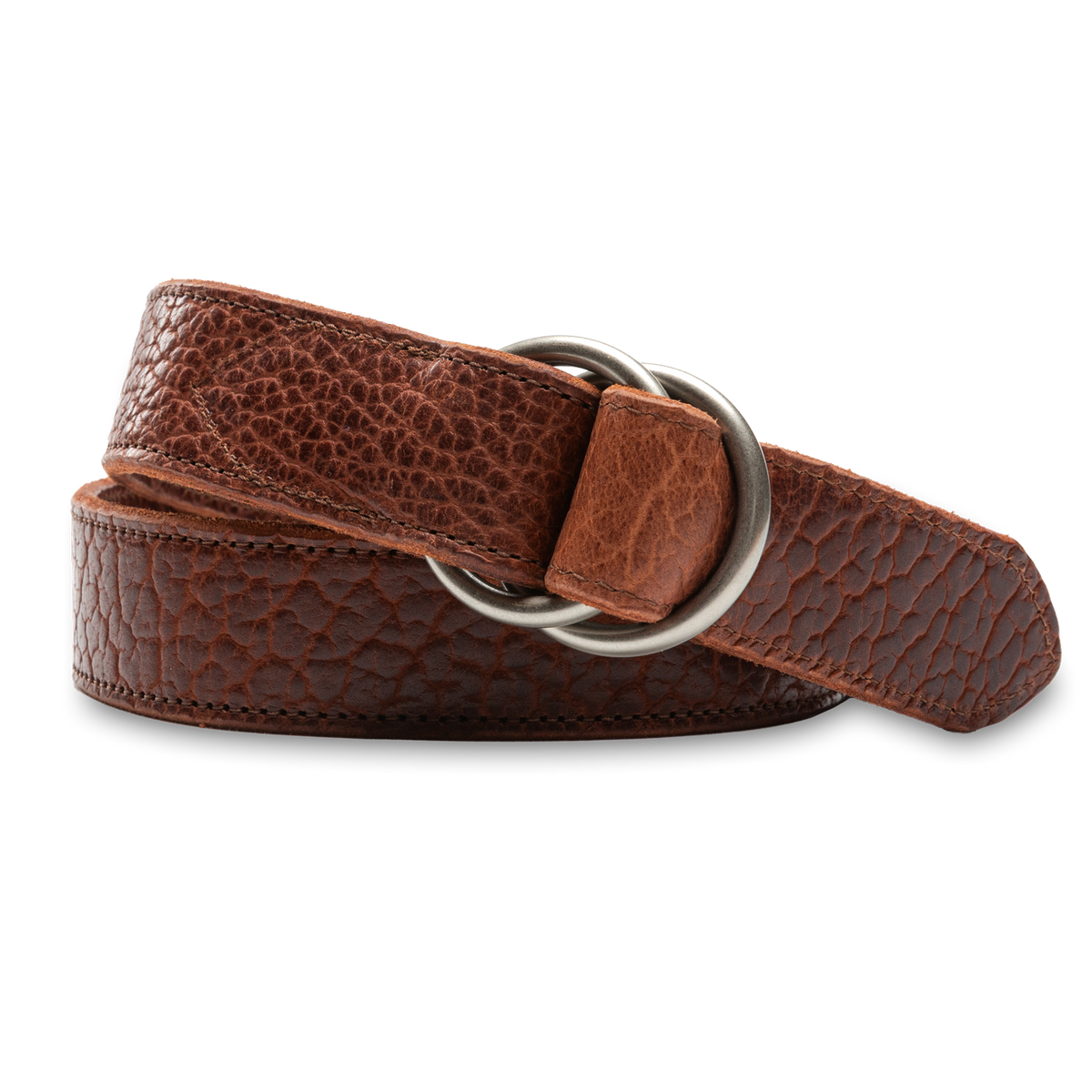 Pebbled Bison Leather O-Ring Belt - Dark Brown