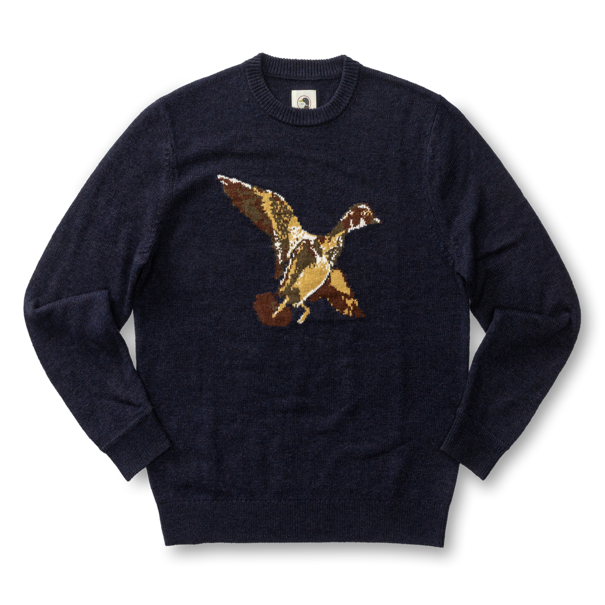 Flying Wood Duck Merino Intarsia Crewneck Sweater - Deep Navy Heather