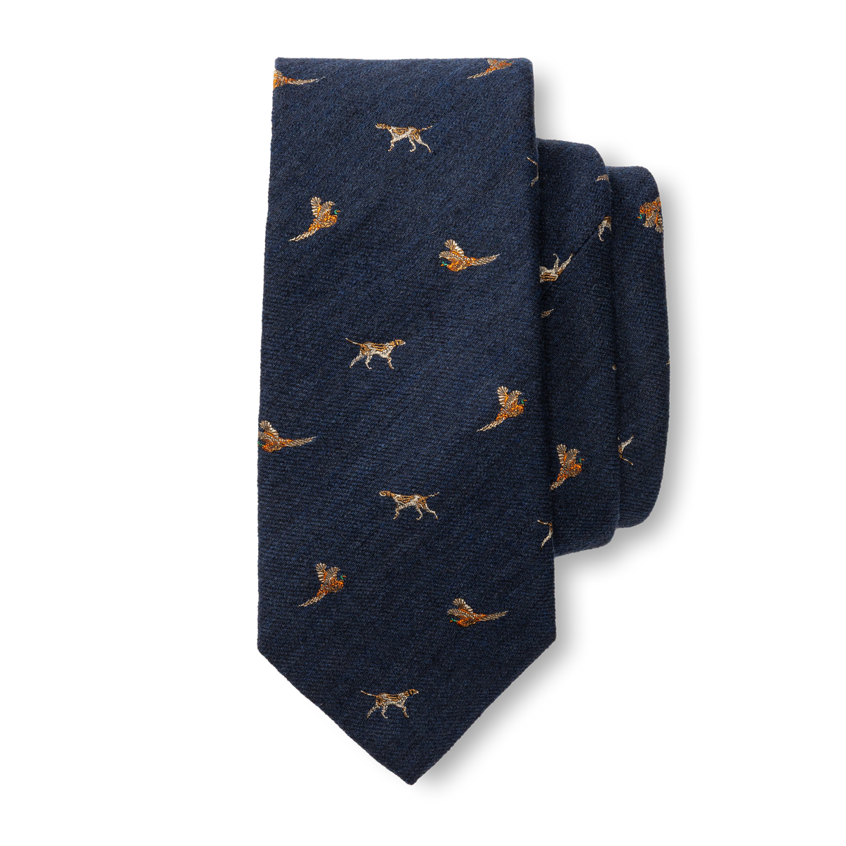Wool Silk Dog & Pheasant Motif Tie - Indigo Blue